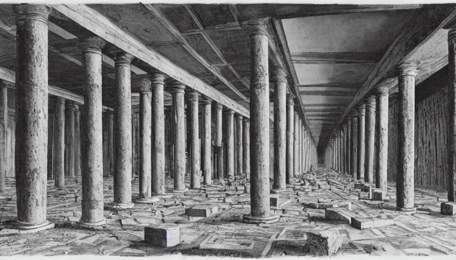 Image similar to 1 9 7 0 s andrei tarkovsky movie still of a pyramid building with columns, by piranesi, panoramic, ultra wide lens, cinematic light, anamorphic