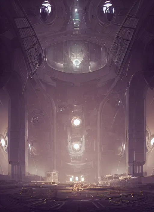 Prompt: Detailed Interior of a technological future cathedral spacecraft interior with cables and greebles, light of god, light shafts, candles, stunning atmosphere, in Style of Peter Mohrbacher, cinematic lighting