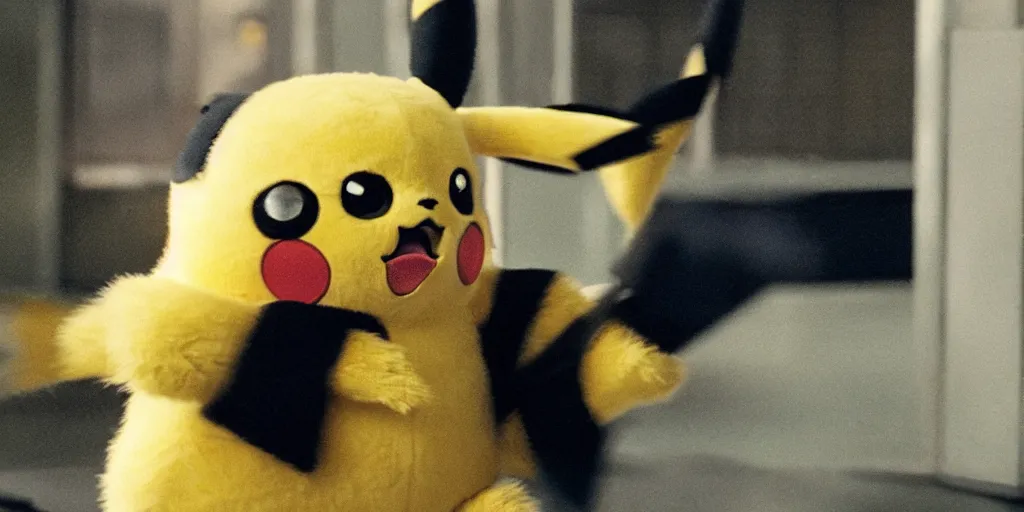 Image similar to a still of pikachu in RoboCop