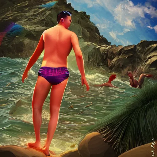 Image similar to a male devil wears a swimming trunks , hell, landscape, pride, rainbow, environment, artstation