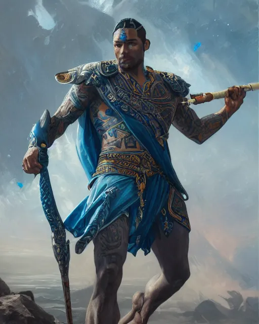 Prompt: a beautiful action portrait of an Atlantis prince, blue-fabric, tattoos, holding a deadly silver trident, by Greg Rutkowski and Raymond Swanland, Trending on Artstation, ultra realistic digital art