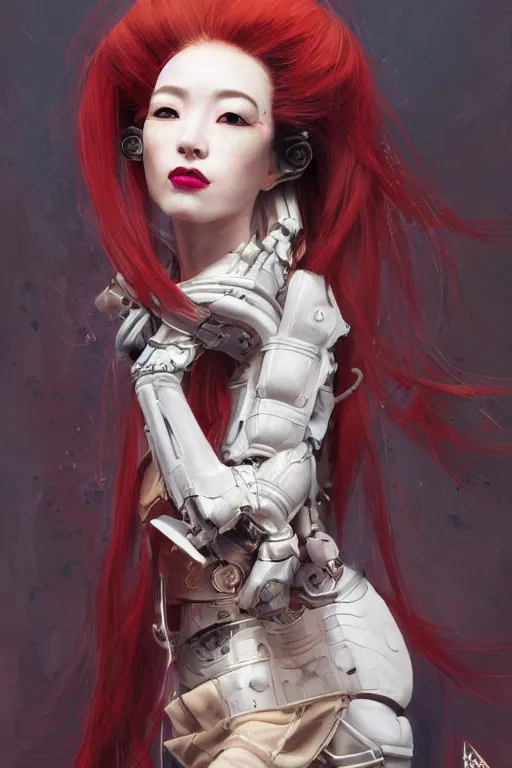 Image similar to > professional dynamtic portrait of female an agile geisha cyberpunk in a dynamic pose , armor elements , long red hair, beautiful bone structure, symmetrical facial features, intricate, elegant, digital painting, concept art, smooth, sharp focus, illustration, by Ruan Jia and Mandy Jurgens , and mucha, and Artgerm and William-Adolphe Bouguerea