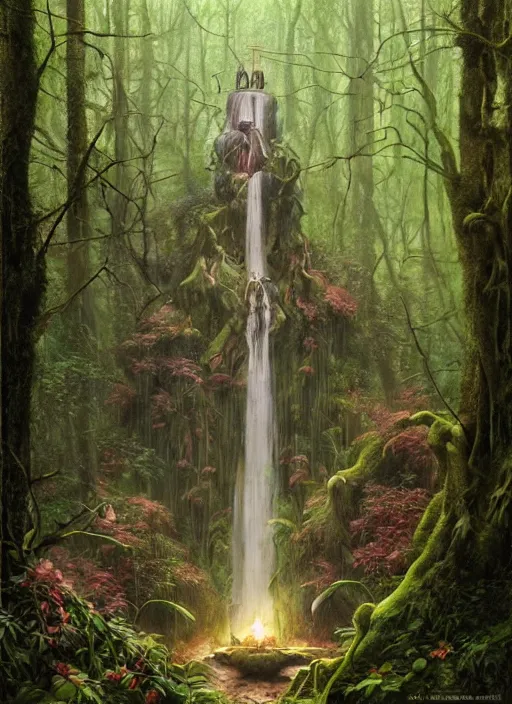 Prompt: a hyper realistic witch shrine under a waterfall in the woods, gorgeous lighting, lush forest foliage, painting by chiara bautista and tom bagshaw, muca beksinski and norman rockwell and greg rutkowski weta studio, and lucasfilm