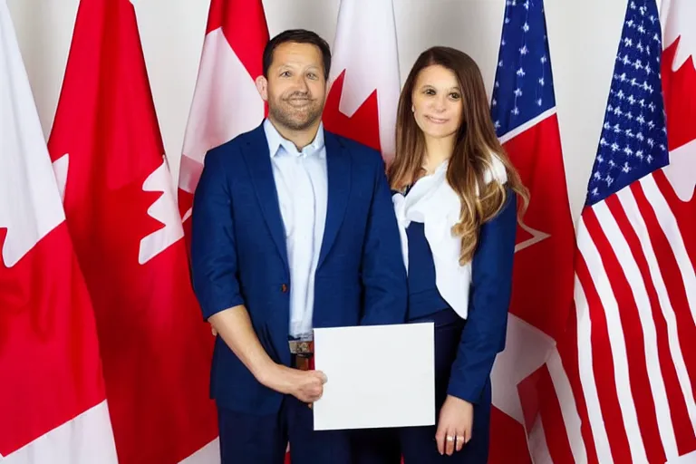 Prompt: full body portrait of a 3 5 year old man standing with his arms around his two girlfriends, one on either side, infront of a line of canadian flags. everyone is wearing formal business attire. atmosphere is serious, dignified, traditional. official government portrait. oil painting, very realistic, 2 1 st century