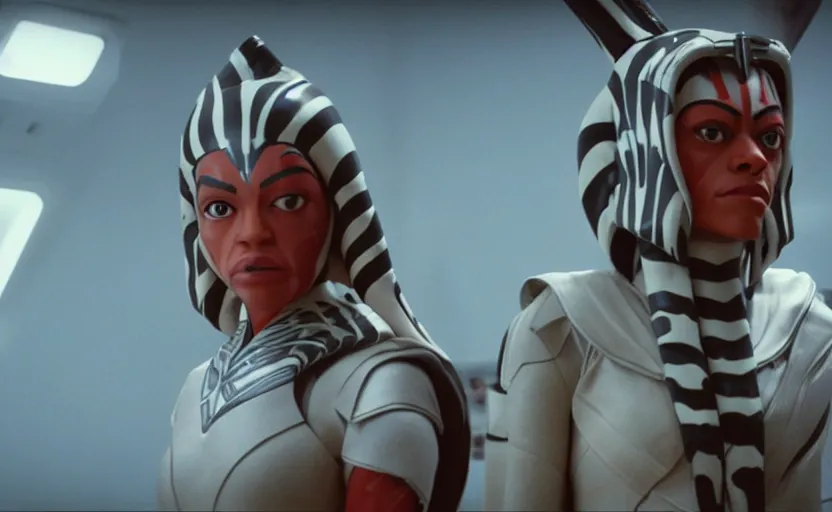 Image similar to cinematic still image wide shot screenshot portrait of ahsoka tano played by rosario dawson, scene from 1 9 8 0 s empire strikes back, 7 0 mm imax, moody iconic scene, beautiful detailed scene, kodak, directed by kubrick