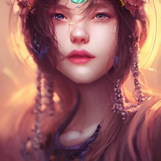 Image similar to a beautiful enchanter by wlop, dream, magical, closeup headshot, 8 k, high detailed, ultra - realistic painting, trending on artstation.