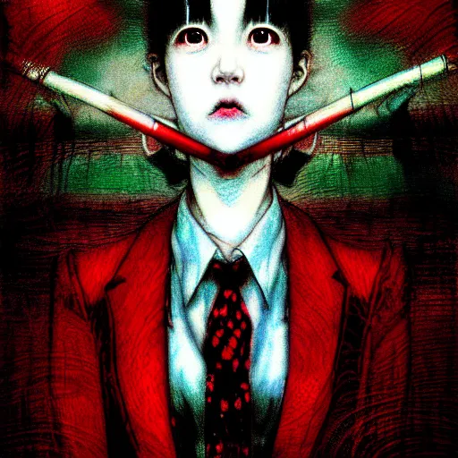 Image similar to yoshitaka amano blurred and dreamy realistic three quarter angle horror portrait of a sinister young woman with short hair, horns and red eyes wearing office suit with tie, junji ito abstract patterns in the background, satoshi kon anime, noisy film grain effect, highly detailed, renaissance oil painting, weird portrait angle, blurred lost edges