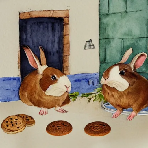 Image similar to a rabbit, and a guinea pig, baking cookies together, inside a french cozy kitchen, realistic watercolour
