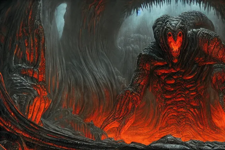 Image similar to a balrog lurking in moria, style of h. r. giger, many columns, mines of moria from the lord of the rings in the style of h. r. giger, directed by ridley scott, dark, cinematic, highly detailed, cinemascope