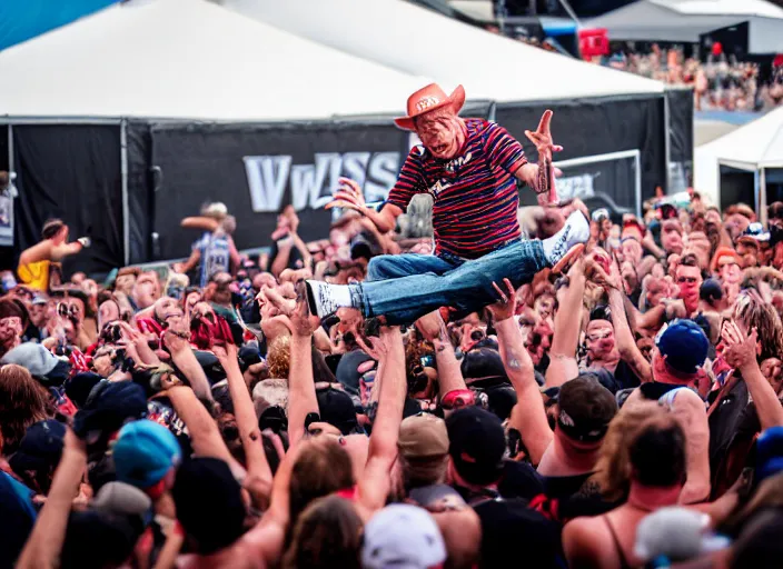 Image similar to photo still of don knotts at vans warped tour!!!!!!!! at age 5 5 years old 5 5 years of age!!!!!!! stage diving into a crowd, 8 k, 8 5 mm f 1. 8, studio lighting, rim light, right side key light