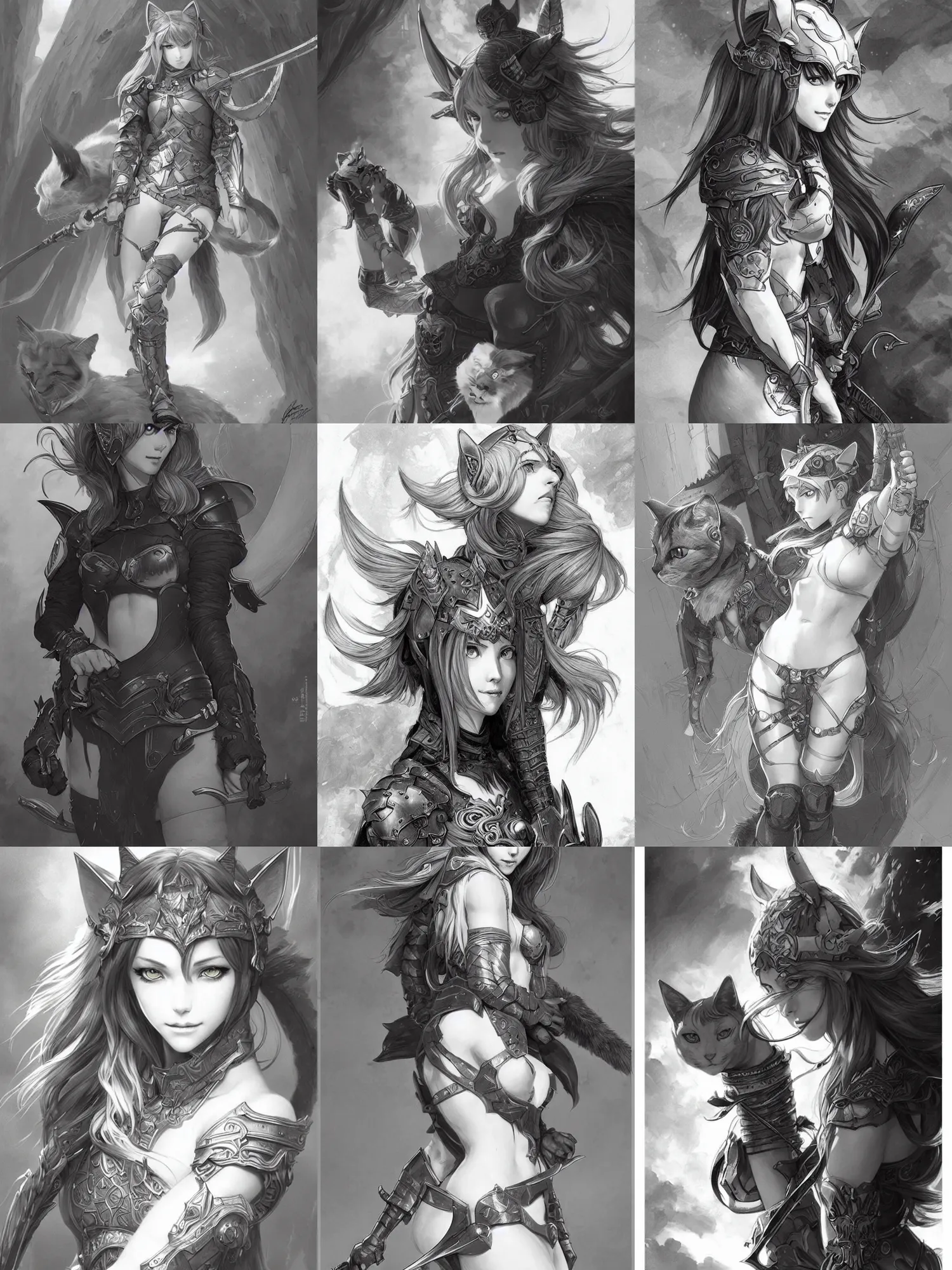 Prompt: picture of paladin girl with cat ears and cat tail, dnd, high fantasy, highly detailed, detailed face, grayscale monochromatic, manga illustration, by artgerm, greg rutkowski, alphonse mucha
