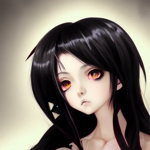 Prompt: front-facing headshot of a young gothic anime woman with black hair and golden highlights, wearing pretty makeup, drawn by WLOP, anime portrait, trending on artstation