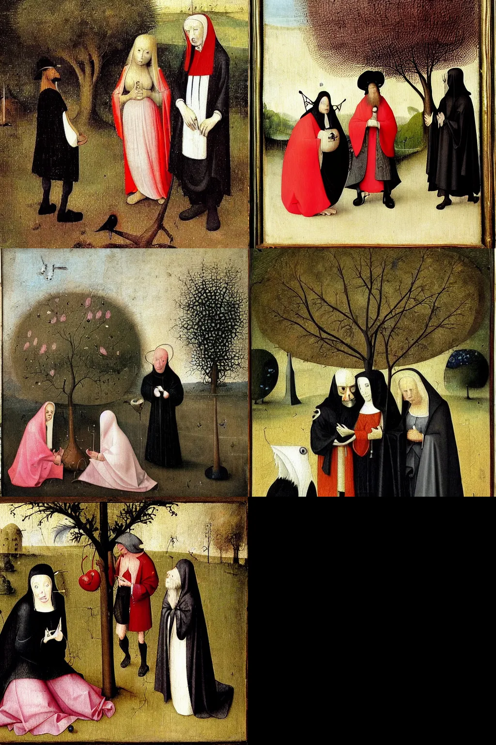 Prompt: an hd painting by hieronymus bosch. three goths loitering in the shade, talking beneath a cherry tree outside a blockbuster video store.