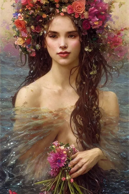 Image similar to portrait of a beautiful mysterious woman holding a bouquet of flowing flowers, wet dripping long hair, hands hidden under the bouquet, emerging from the water, fantasy, regal, intricate, by stanley artgerm lau, greg rutkowski, thomas kindkade, alphonse mucha, loish, norman rockwell