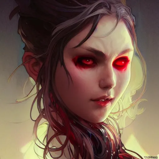 Image similar to digital character concept art by artgerm and greg rutkowski and alphonse mucha. clear portrait of vampire girl, blood dripping, light effect. hyper detailed, glowing lights!! intricate, elegant, digital painting, artstation, smooth, sharp focus