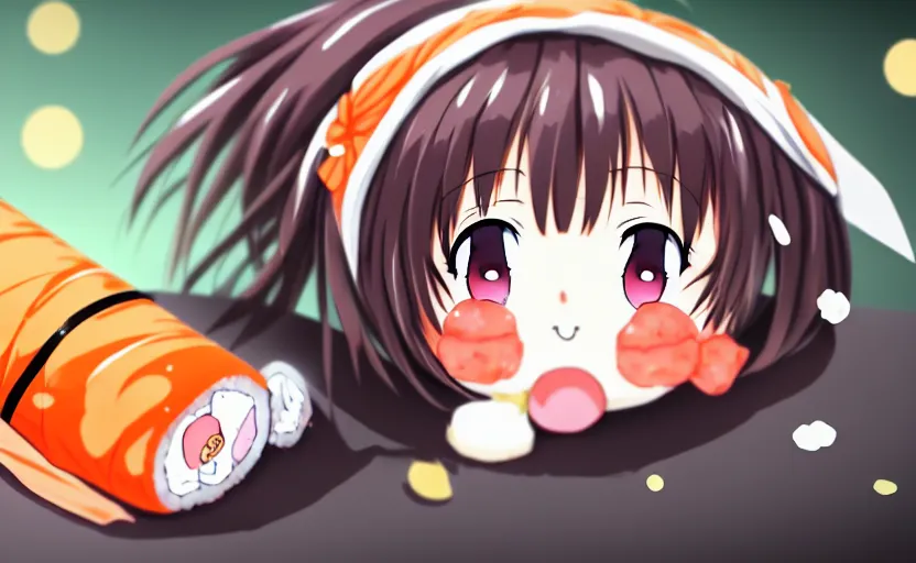 Image similar to very cute anime girl that is rolled up in a big piece of sushi, head sticking out of a sushi roll, nori, full body shot, cinematic wallpaper, highly detailed, clear, sharp, 4 k, 8 k