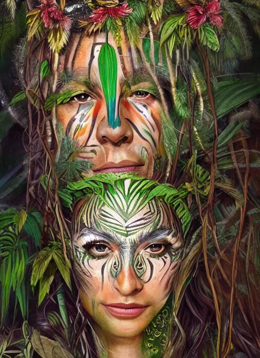 Prompt: a beautiful painted portrait of an old female shaman in the jungle surrounded by leaves and plants, tribal face paintings, shamanism, matte painting, fantasy art