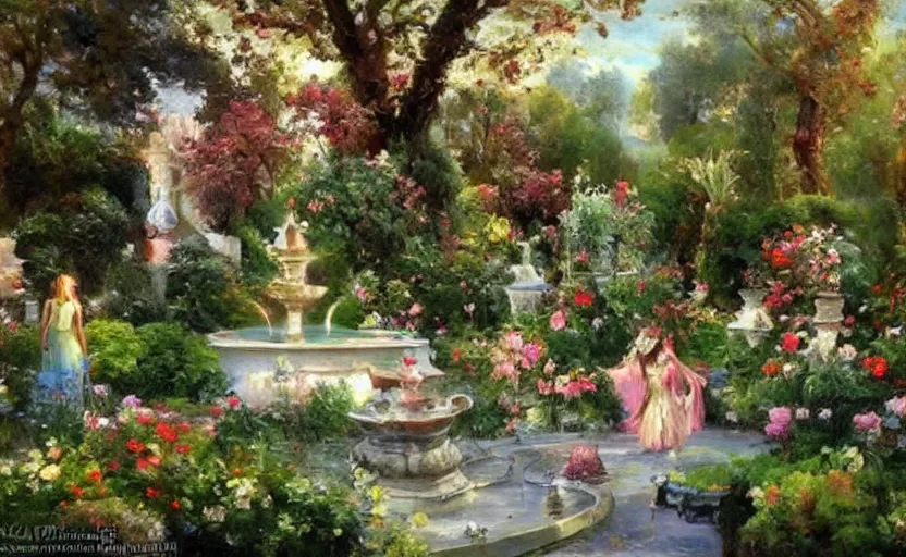 Image similar to Beautiful garden, next to a fountain and a mystical palace. By Konstantin Razumov, horror scene, highly detailded