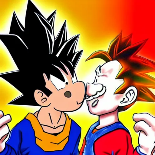 Prompt: realistic goku from dragonball z kissing a realistic mario.