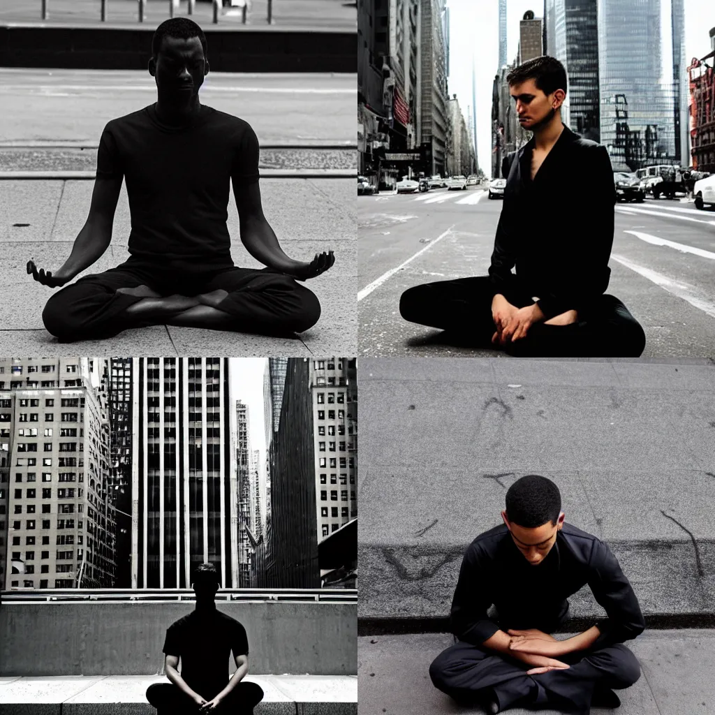 Prompt: man in black in meditation pose in new york city, city view