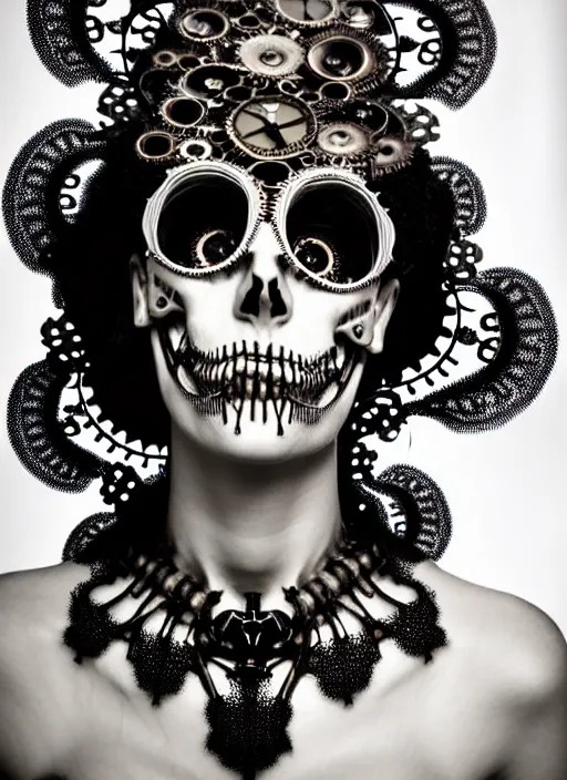 Prompt: surreal black and white photo portrait of complex bio-mechanical beautiful young female undead skeletal cyborg with a Mandelbrot fractal steampunk metal fine lace face, retrofuturistic depressing hopeless horrific vibe, curled silver hair and a fine metal floral foliage super big lace collar by Alexander McQueen:: high fashion, haute couture, rococo, steampunk, silver filigree details, anatomical, facial muscles, cable wires, microchip, elegant, hyper realistic, 150 mm lens, soft rim light, octane render, unreal engine, volumetric lighting, 8k,
