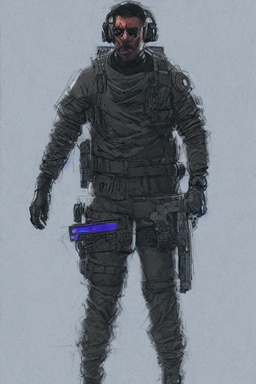 Prompt: Hector. Deadly blackops mercenary in tactical gear and cyberpunk headset. Blade Runner 2049. concept art by James Gurney and Mœbius.