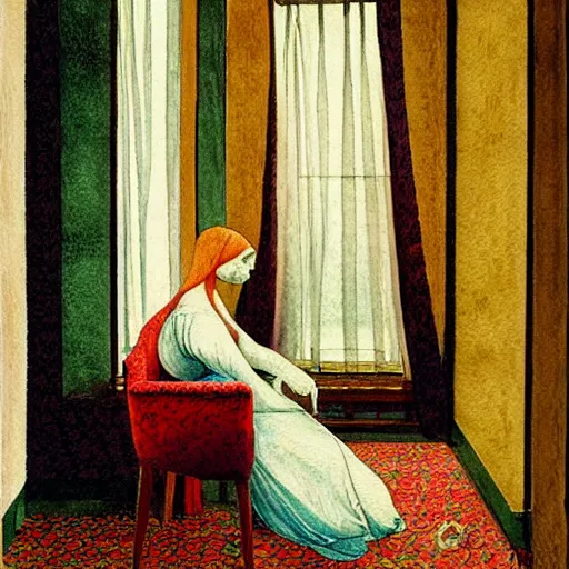 Image similar to a lonely girl in a liminal hotel room, watercolor by leon battista alberti, limited color palette, very intricate, art nouveau, highly detailed, lights by hopper, soft pastel colors, minimalist