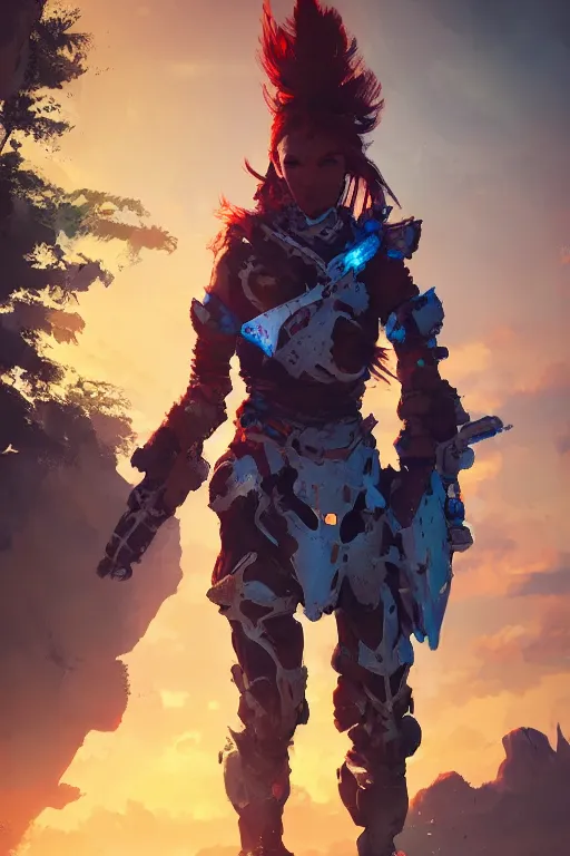 Image similar to combination suit armor aloy horizon forbidden west horizon zero dawn radiating a glowing aura global illumination ray tracing hdr fanart arstation by ian pesty and alena aenami artworks in 4 k tribal robot ninja mask helmet backpack