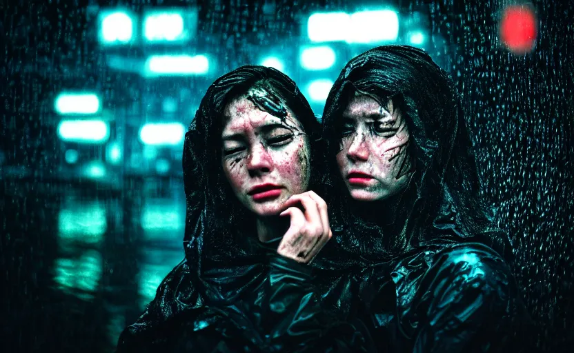 Image similar to cinestill 5 0 d candid photographic portrait by steve mccurry of two loving female androids sobbing wearing rugged black mesh techwear in treacherous waters, flooded city, medium closeup, retrofuturism cyberpunk moody emotional cinematic, pouring iridescent rain bright spotlight helicopter, 8 k, hd, high resolution, 3 5 mm, f / 3 2, ultra realistic faces, ex machina