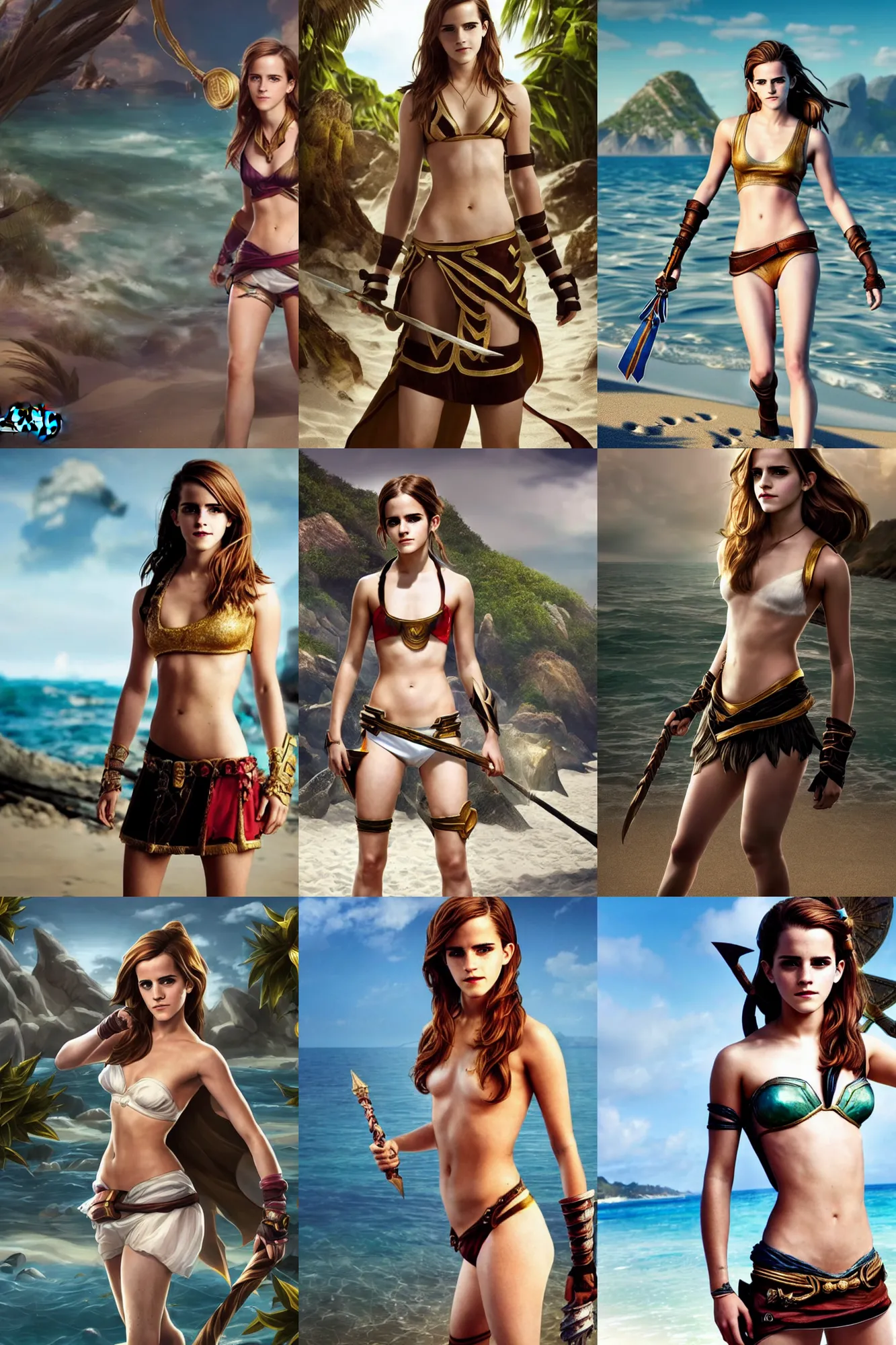 Prompt: A 4k photo of Emma Watson dressed as a champion from League of Legends in a island\'s beach. Legendary Skin. Epic Posing. Visually Stimulating.