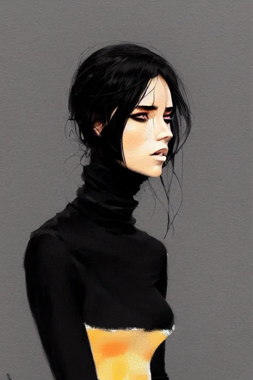 Prompt: a ultradetailed portrait painting of a stylish woman in a black turtleneck by conrad roset, greg rutkowski and makoto shinkai trending on artstation