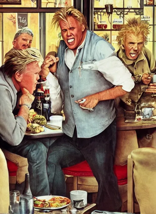 Prompt: gary busey is presented with the worst kind of food in a cafe and vows to eat the chef, by rick berry and norman rockwell