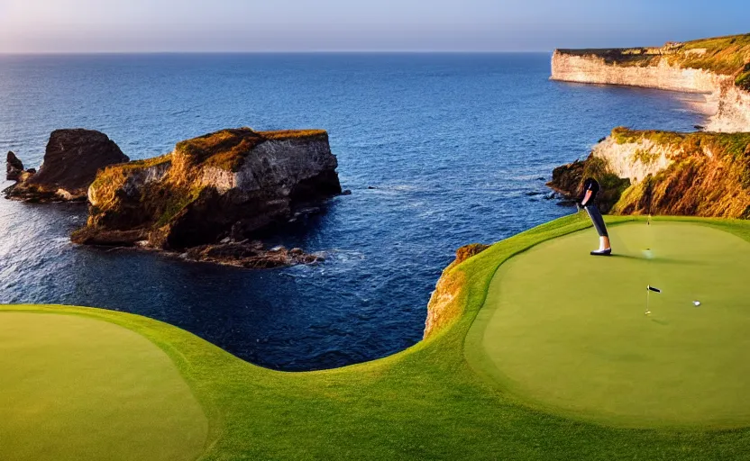 Image similar to a great photograph of the most amazing golf hole in the world, cliffs by the sea, perfect green fairway, human perspective, ambient light, 5 0 mm, golf digest, top 1 0 0, golden hour