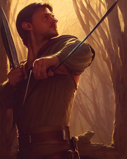 Image similar to robin hood, fine details, realistic shaded lighting poster by greg rutkowski, magali villeneuve, artgerm, jeremy lipkin and michael garmash and rob rey