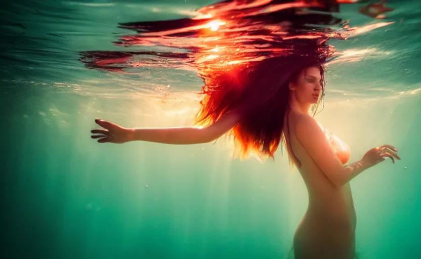 Image similar to photo of very beautiful woman underwater during sunrise, sunrays, caustics, rippling water, photoshoot, flowing hair and colorful fabric, haunting, iconic, masterpiece, sharp focus