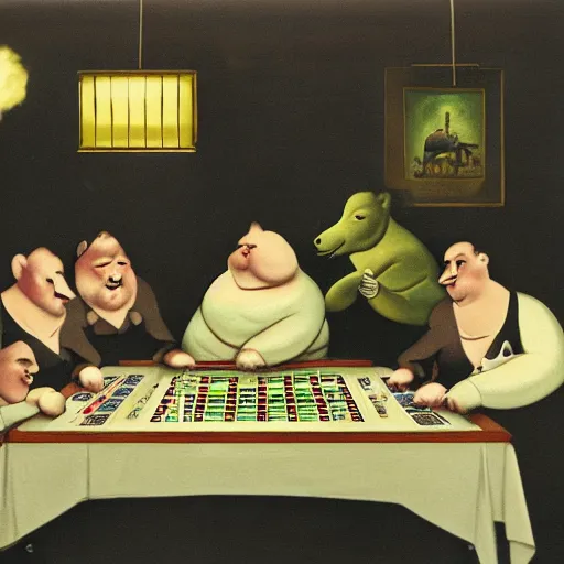 Image similar to fat animals gambling at a table with a single light overhead, dark room, smoke fills the room, roaring 2 0 s american art style