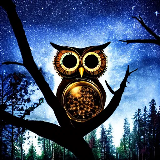 Image similar to mechanical owl inside a hole in a tree, red eyes glowing, night sky with full of stars, in the middle of forest, realistic style, futuristic, photorealistic, cinematic lighting, high key lighting, high contrast, 8 k, golden ratio, uhd, hd, shallow focus, lens 7 5 mm