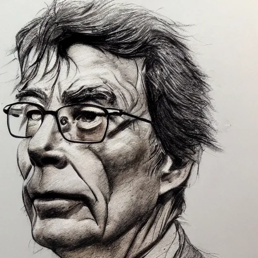Prompt: a realistic yet scraggly portrait sketch of the side profile of a stern and sophisticated stephen king, trending on artstation, intricate details, in the style of frank auerbach, in the style of sergio aragones, in the style of martin ansin, in the style of david aja, in the style of mattias adolfsson