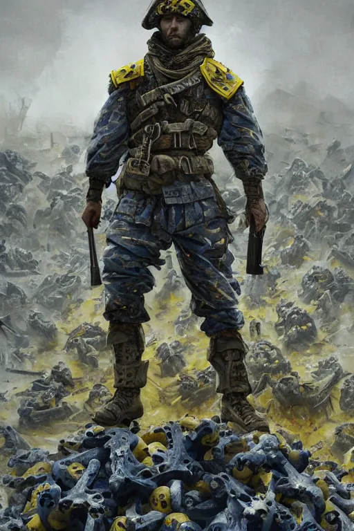 Image similar to a distant shot of a Ukrainian Call of Duty soldier with blue and yellow uniform standing alone on a pile of skulls as a winner, masculine figure, D&D, fantasy, intricate, elegant, highly detailed, extremely detailed, digital painting, artstation, concept art, matte, sharp focus, symmetrical, illustration, art by Artgerm and Greg Rutkowski and Alphonse Mucha