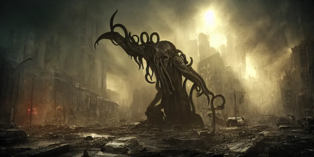 Image similar to cthulhu destroying a post apocalyptic city, dark, trending on artstation, digital art, fog, sun flare, rain