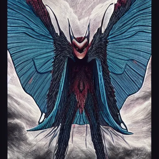 Image similar to 4K headshot of mothman holding something and bloody clothes with giant wings , intricate face , flawless anime cel animation by Kentaro Miura,psychedelic , highly detailed upper body , professionally post-processed , beautiful, scary, symmetry accurate features, epic, octane rendered, anime masterpiece, accurate