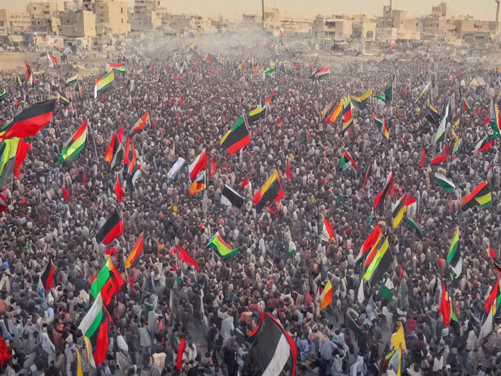 Image similar to very very very beautiful painting of protesters in Baghdad, 4k detailed