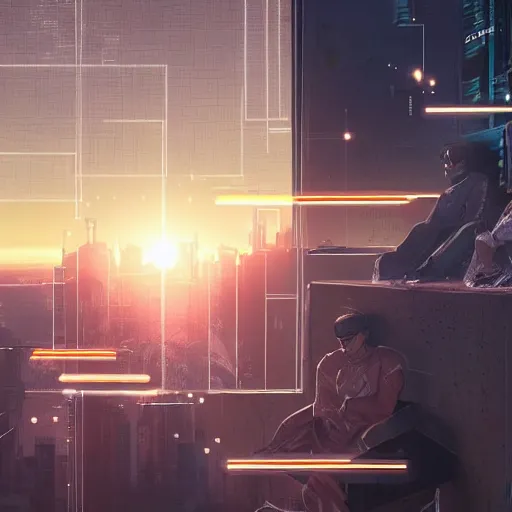 Image similar to a cinematic composition depicting : we're overlooking translucid crystal android being, whos is behind their heads up display viewing out of their window how a high tech lush solarpunk tribe collaborating with their technologic android helpers encroaching a cyberpunk resort at sunrise