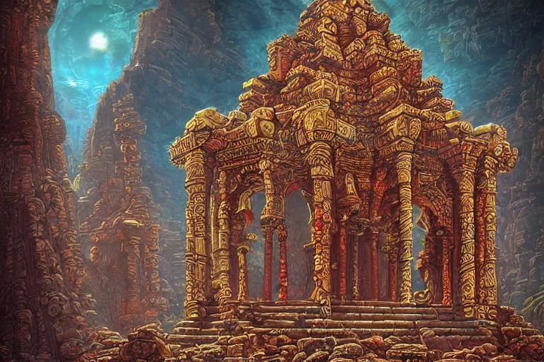 Prompt: Detailed render of an ancient intricate and ornate temple in canyon by Michael Whelan and Benjamin Lacombe and Megan Duncanson, super details, colorful, ornate background, intricate details