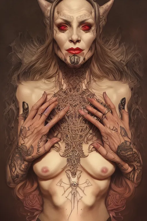 Image similar to portrait of a satanic witch, tattooed face, upper body, decorated, intricate, elegant, highly detailed, digital painting, artstation, concept art, smooth, sharp focus, illustration, art by artgerm and greg rutkowski and alphonse mucha, 8 k