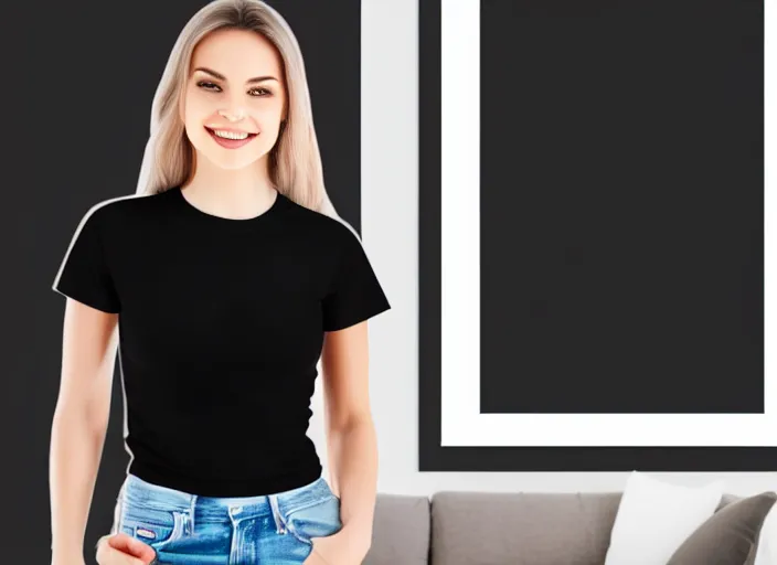 Image similar to clear photorealistic mockup product photograph of a blank black tshirt on an attractive female model in front of a living room background