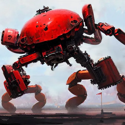 Prompt: giant red mechanical crab with cannon on its back, detailed, military robot, by greg rutkowski and jakub rozalski