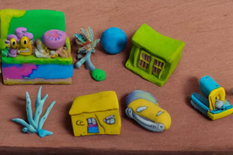 Image similar to miniatures photography of bikini bottom ( spongebob location ), everything has a plasticine sheen