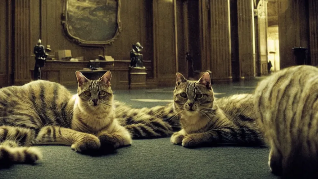 Image similar to the giant cat in city hall, film still from the movie directed by denis villeneuve and david cronenberg with art direction by salvador dali, wide lens