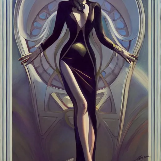 Image similar to a streamline moderne!!, art nouveau, ( ( dieselpunk ) ) painting in the style of charlie bowater, and in the style of donato giancola, and in the style of charles dulac. symmetry, smooth, sharp focus, dramatic lighting, semirealism, intricate symmetrical ultrafine background detail.